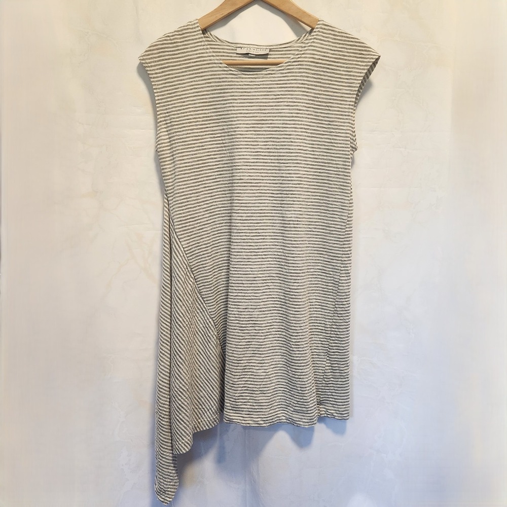 Bryn Walker Asymmetrical Shift Dress Women's XS Gray White Striped Short Sleeve